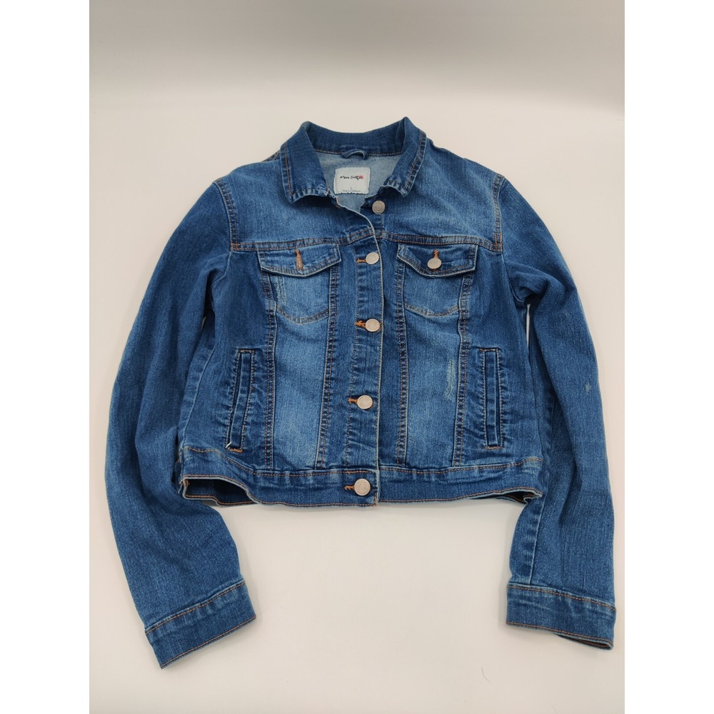 Miss Selfie Womens Medium Wash Cropped Distressed Denim Jean Jacket Large L